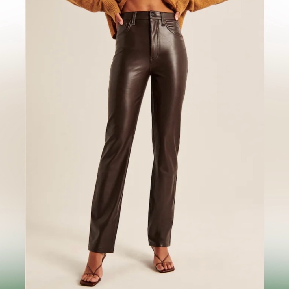Abercrombie & Fitch The ‘90s Straight Ultra High Rise Brown Leather Pants 23